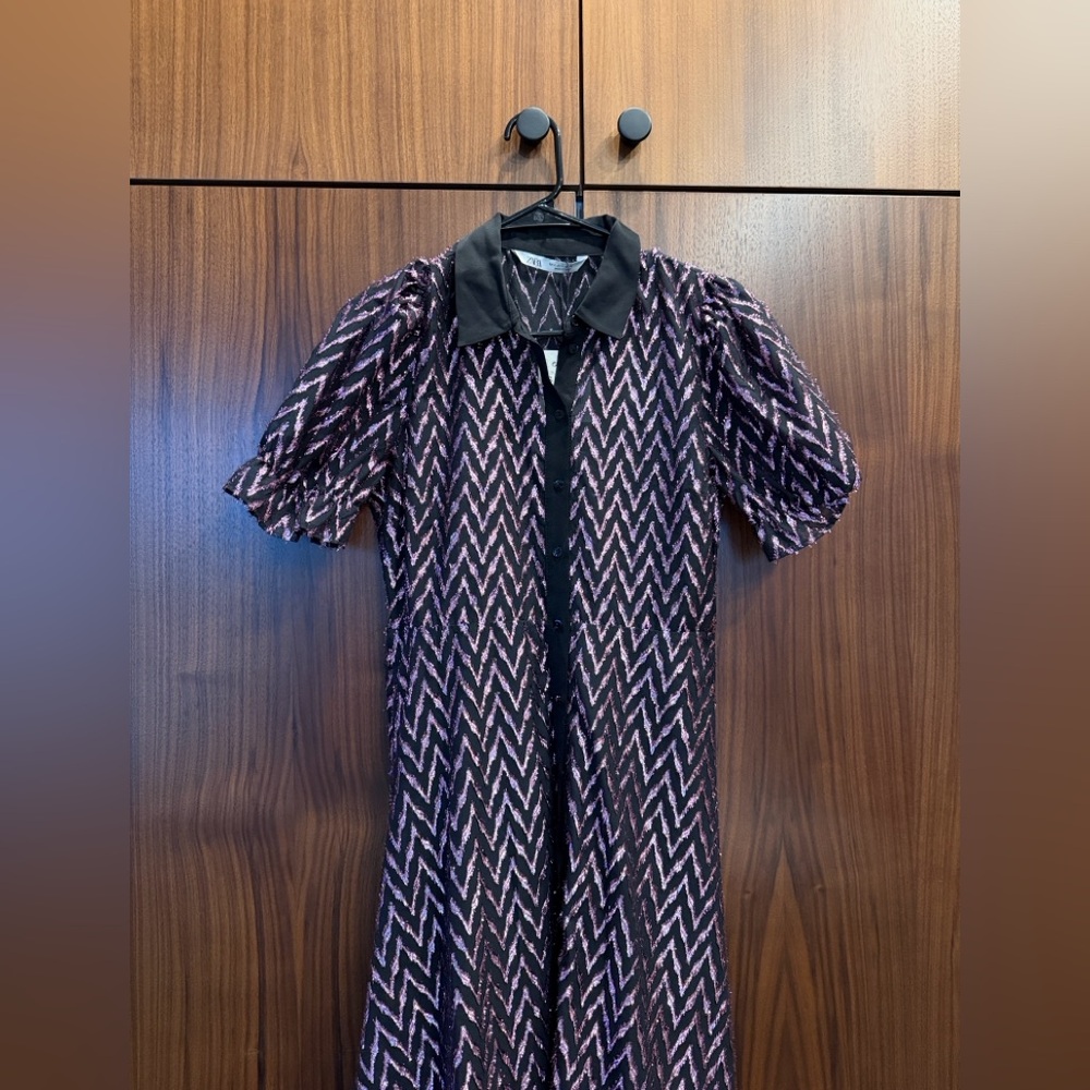 NWT Zara Black and Pink Metallic Chevron Maxi Dress